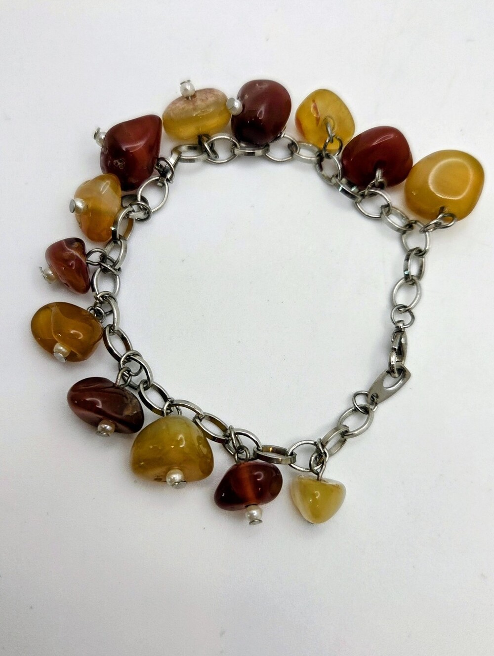 Vintage Carnelian Agate Pebble Stone Charm Bracelet Silver Tone Link Chain Boho